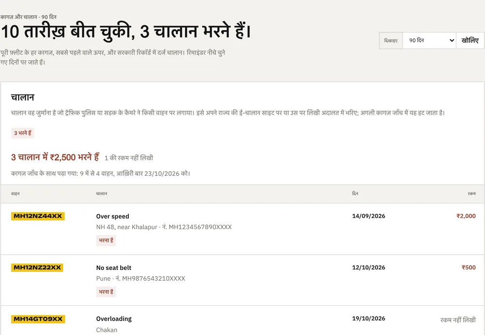 सरकारी रिकॉर्ड में दर्ज चालान, फिर आपके अगले नब्बे दिन के कागज़, सबसे पहले वाला ऊपर। नई तारीख के साथ पूरा कीजिए और डेस्क आगे बढ़ती है।