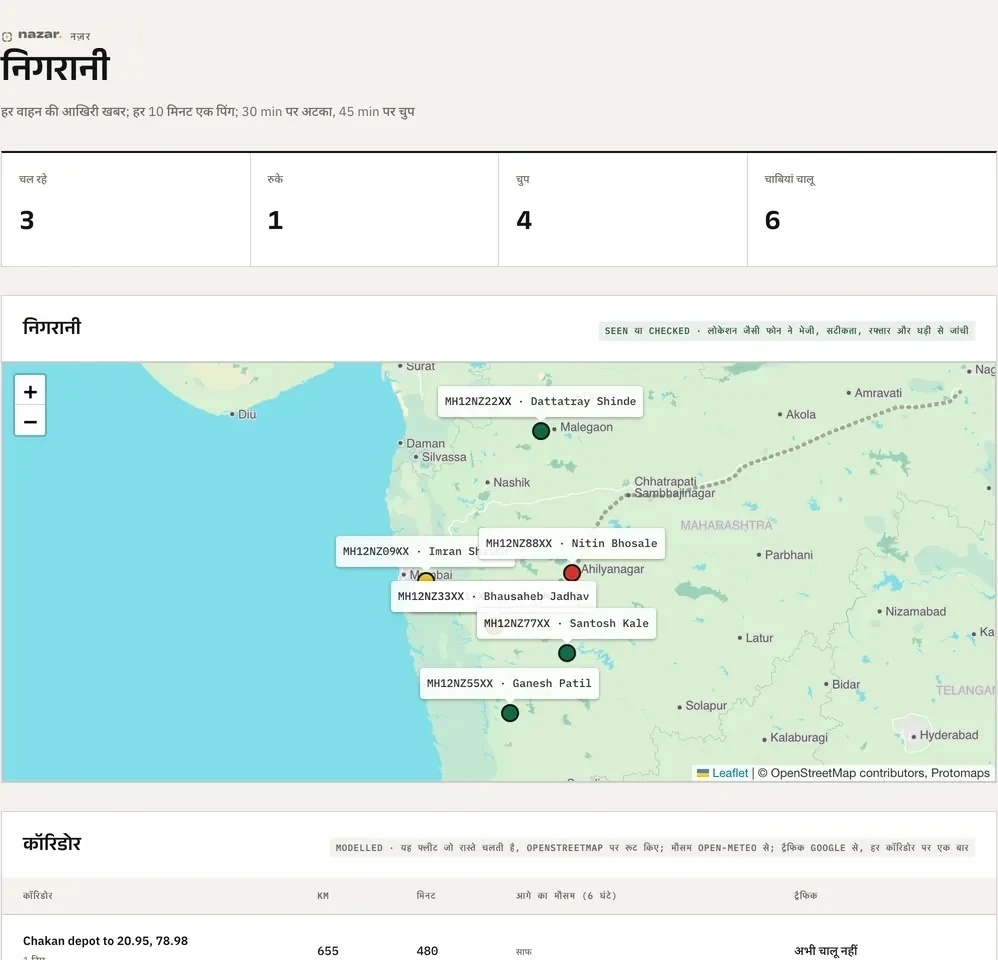 आपके वाहनों की आखिरी खबर एक नक्शे पर: चलते हुए, रुके हुए, चुप, और हरेक का गलियारा।