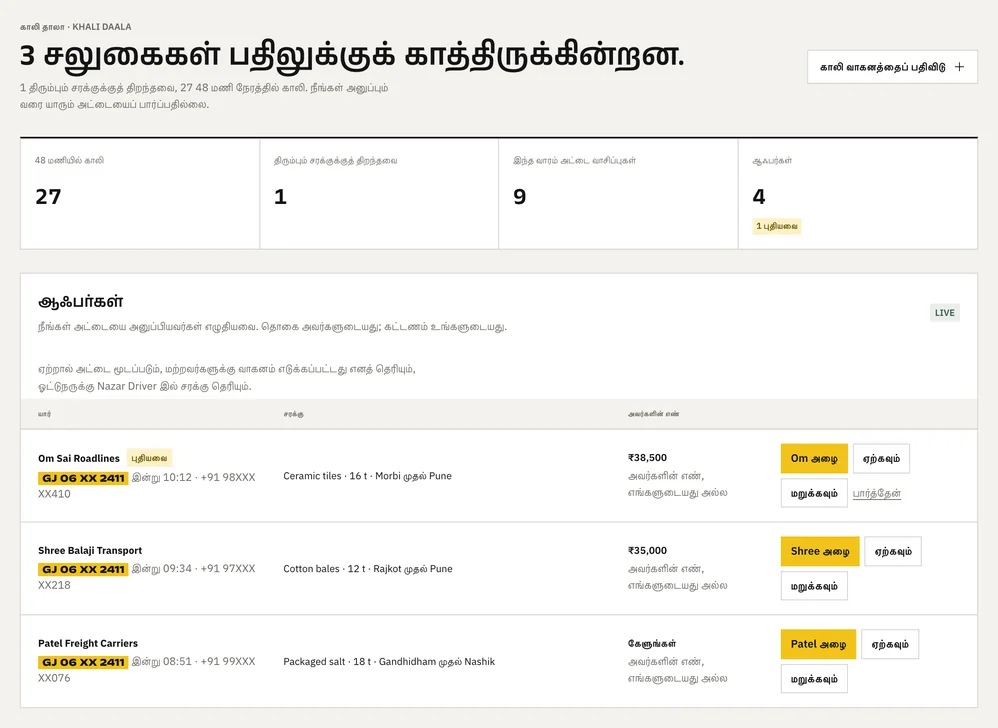 டெஸ்க்கில் காலி தாலா அறை: காத்திருக்கும் மூன்று சலுகைகள், ஒவ்வொன்றிலும் புரோக்கர், லோடு, அவர்களின் தொகை, அழை, ஏற்றுக்கொள், மறு பொத்தான்கள்.