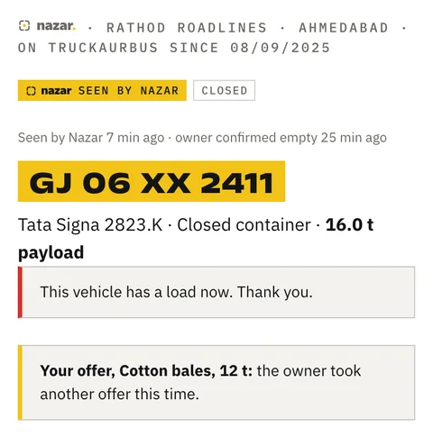 The same card after the owner took another offer: the vehicle has a load now, and the broker's own offer says the owner took another one.